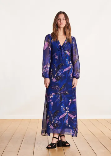 Robe longue en voile imprimé bleu manches longues - La Fée Maraboutée - Modalova