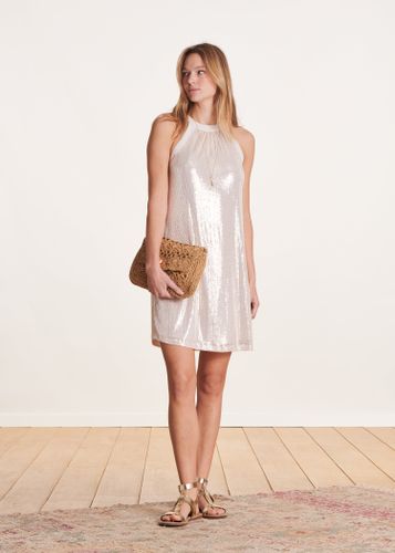 Robe courte ample sans manches beige à paillettes - La Fée Maraboutée - Modalova