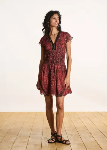 Robe courte cintrée marron en voile imprimé - La Fée Maraboutée - Modalova