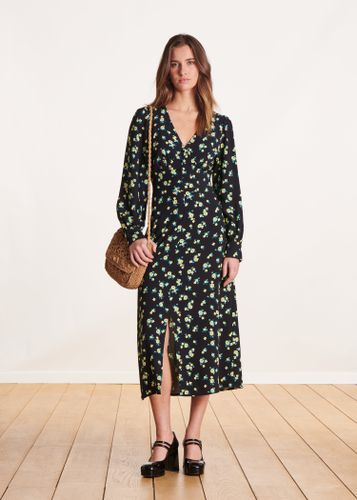 Robe chemisier mi-longue noire à imprimé fleuri - La Fée Maraboutée - Modalova