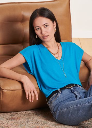 T-shirt oversize bleu azur col V en lyocell lin - La Fée Maraboutée - Modalova