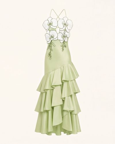 Robe mi-longue à volants ornée d'orchidées - Vert clair - JW PEI - Modalova