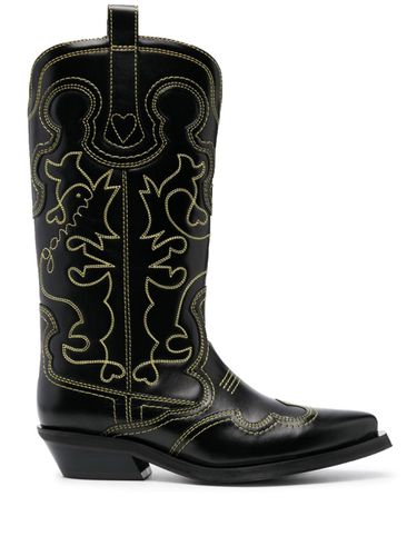 Embroidered Leather Western Boots - Ganni - Modalova
