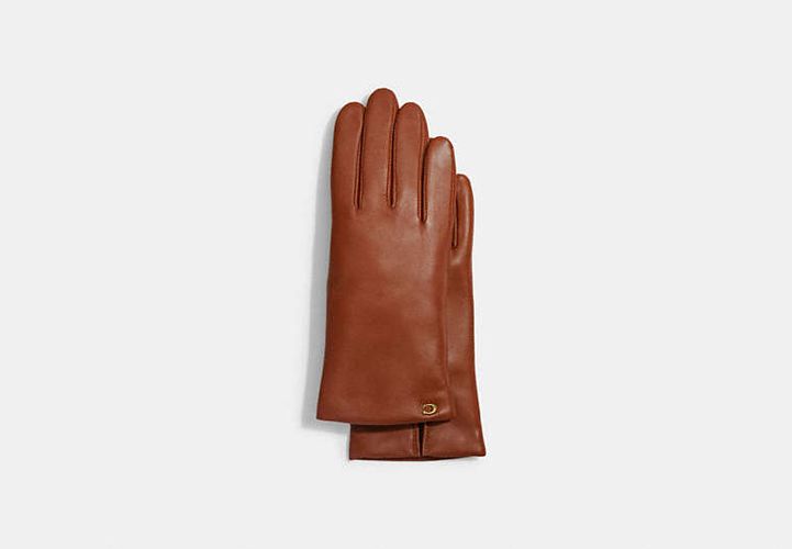 Guantes Tecnológicos De Piel Con La Firma Esculpida - COACH® - Modalova