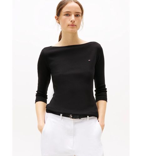 Til kvinder. WW0WW40589 slim t-shirt med bådhals (L), Casual, Bomuld, 3/4 ærmer - Tommy Hilfiger - Modalova