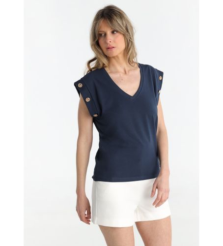 Til kvinder. 320358128 T-shirt med navyfarvet knapdetalje (S), Casual, Bomuld, Korte ærmer - Victorio & Lucchino, V&L - Modalova