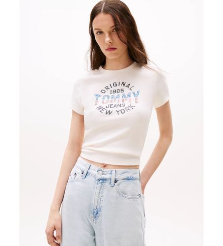 Til kvinder. DW0DW21421 Ribbet T-shirt med logo New York (L), Casual, Bomuld, Korte ærmer - Tommy Jeans - Modalova