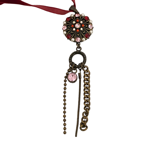 Collier pendentif  brillants et roses + fausse perles. Tour du cou en satin - Label Emmaus - Modalova