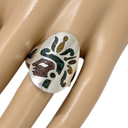 Bague en argent signe dcor incrust turquoise et corail Artisanat amrindien Navajo ou Mexique Vintage - signature non dchiffre - Modalova