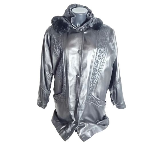 Veste 3/4 en cuir vritable avec capuche fourrure / - taille T3 - Label Emmaus - Modalova