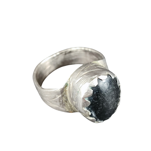 Bague en mtal argent avec pierre noire en cabochon - taille 63 - Label Emmaus - Modalova