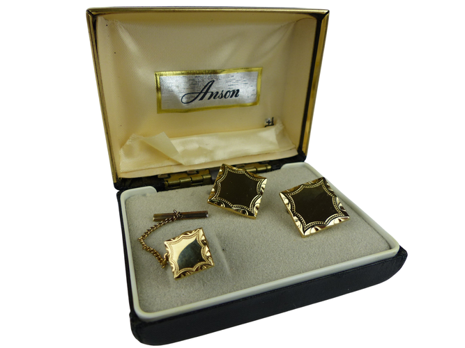 Coffret de deux boutons de manchette gravables avec chane de cravate assortie, , or 12 carat - anson - Modalova
