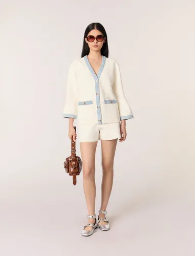 Cardigan Long À Détails Denim - Blanc - Maje - Modalova