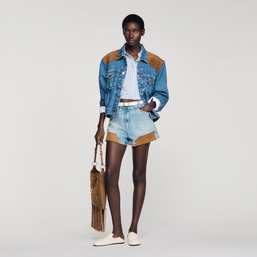 Short en denim et suede à rivets - Sandro Paris - Modalova