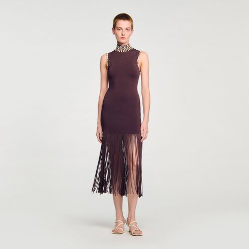 Robe longue en maille frangée - Sandro Paris - Modalova