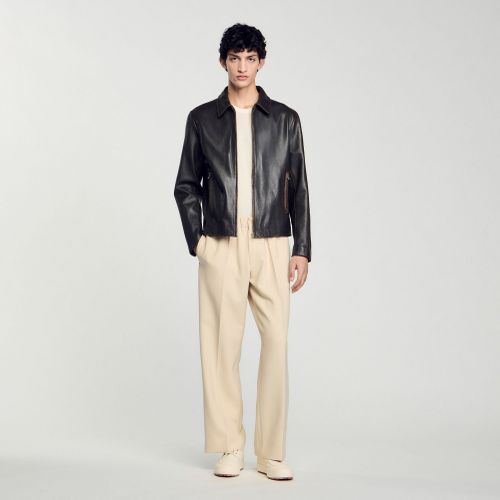 Blouson en cuir effet usé - Sandro Paris - Modalova