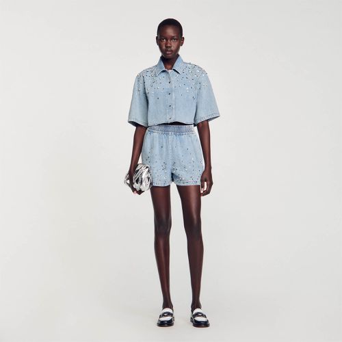 Short large en denim orné de strass - Sandro Paris - Modalova