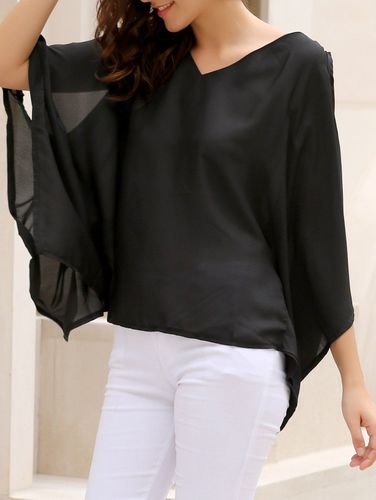Tops Grandes Tailles Blouse Ajoure Sduisante Col en V en Couleur Solide Grande Taille - Dresslily FR - Modalova