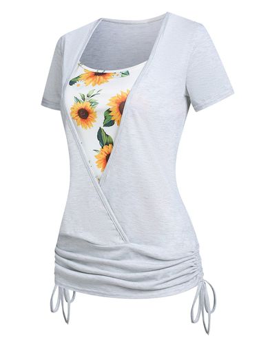 T-Shirts T-shirt Superpos Imprim Fleur Pliss Nou en Fausse Deux Pices - Dresslily FR - Modalova