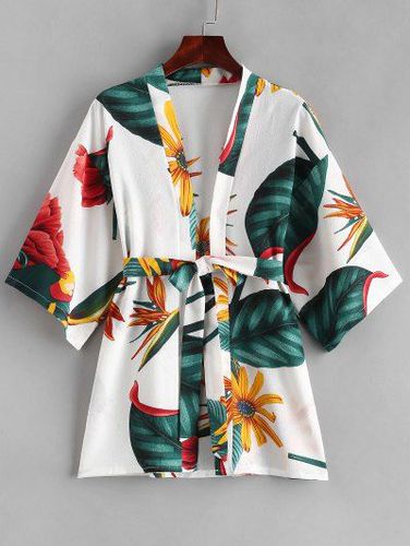 Plant Print Belt Kimono - Zaful - Modalova