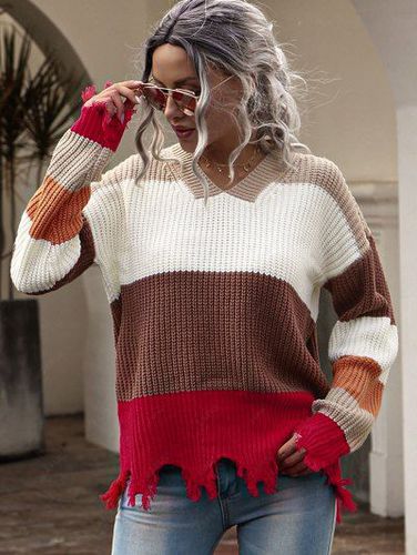 Drop Shoulder Colorblock Frayed Sweater - Zaful - Modalova