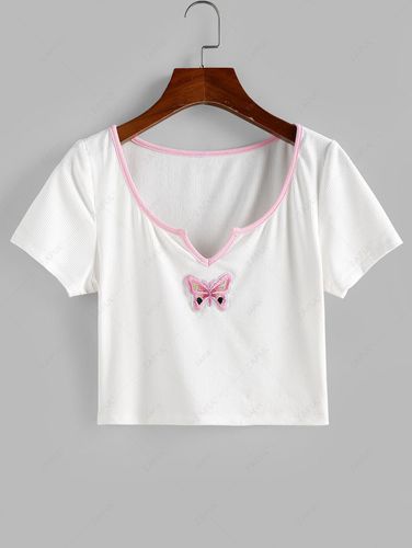 T-shirt Côtelé Papillon Brodé à Col V - ZAFUL - Modalova