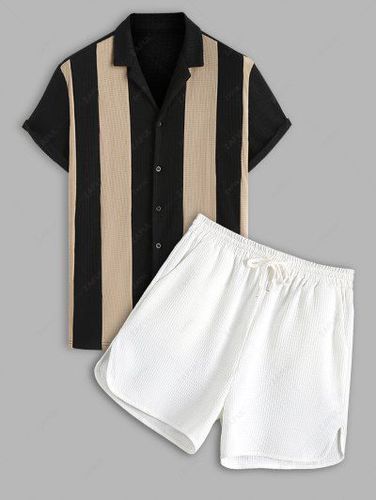 Colorblock Striped Knitted Bowling Camp Shirt and Pocket Drawstring Shorts Set - Zaful - Modalova