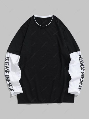 Spliced Long Sleeves Crew Neck Letter Colorblock T Shirt - Zaful - Modalova