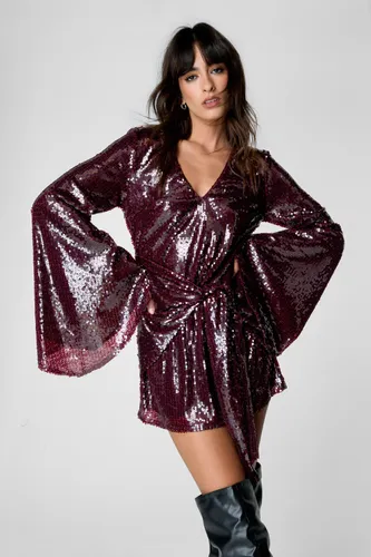 Sequin Flared Sleeve Tie Front Mini Dress - 40 - Nasty Gal - Modalova