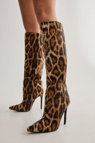 Diamante Embellished Leopard Print Knee High Heeled Boot - 36 - Nasty Gal - Modalova