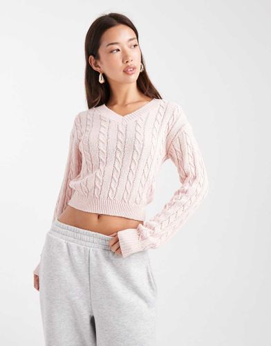 Pull court en maille torsade de coton avec col V - Rose pivoine - Cotton On - Modalova