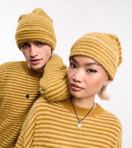 Unisex - Bonnet oversize en maille rayée duveteuse - Moutarde - Collusion - Modalova