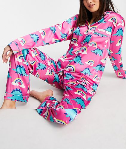 Ensemble de pyjama long en satin à imprimés dinosaure et arc-en-ciel - Chelsea Peers - Modalova