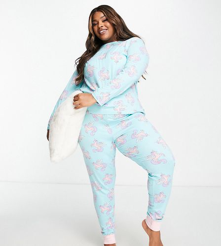 Plus - Ensemble de pyjama avec haut à manches longues et pantalon resserré aux chevilles à imprimé licorne - Turquoise et rose - Chelsea Peers - Modalova