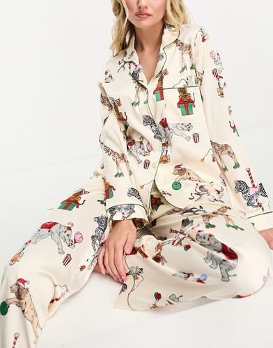 Pyjama de Noël avec pantalon et top manches longues en satin imprimé cirque - Crème - Chelsea Peers - Modalova