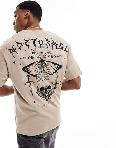 T-shirt oversize avec imprimé crâne et papillon au dos - Beige - Adpt - Modalova