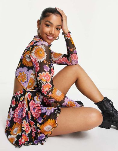 ASOS DESIGN - Combishort manches longues en tulle à découpes et imprimé rétro - Asos Studio Happy - Modalova
