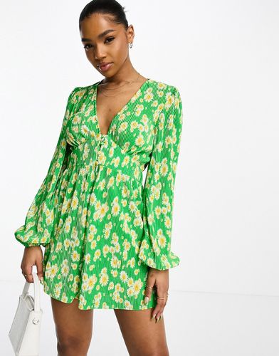 Combishort plissé à manches longues et imprimé pâquerettes - Vert - Asos Design - Modalova