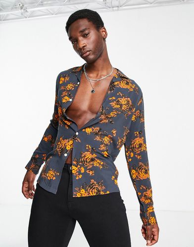 Chemise avec col à revers et imprimé fleurs - Gris et orange - Asos Design - Modalova