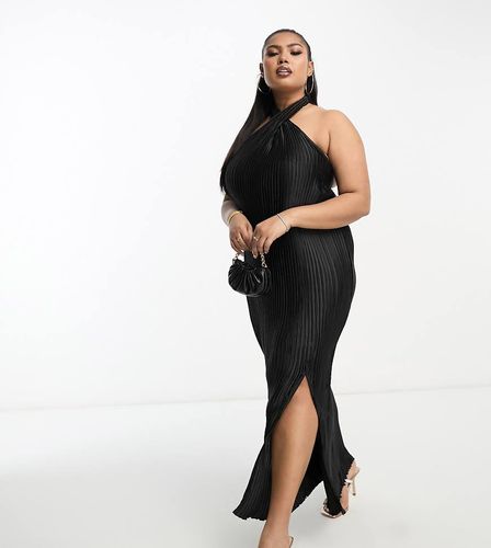 ASOS DESIGN Curve - Exclusivité - Robe mi-longue en satin plissé à dos nu - Noir - Asos Curve - Modalova