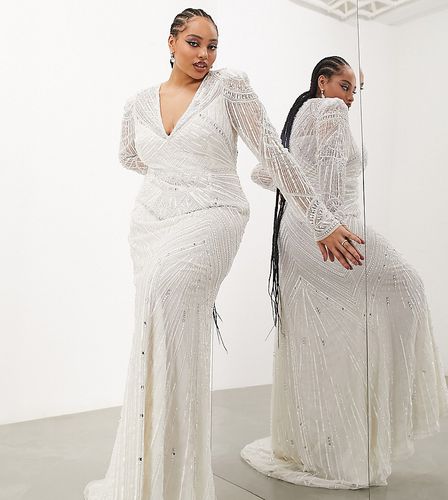 ASOS DESIGN Curve - Millie - Robe de mariée longue à manches longues avec ornement vintage en perles et sequins - Ivoire - Asos Curve - Modalova