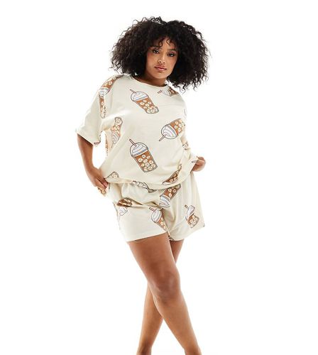 ASOS DESIGN Curve - Pyjama avec short et t-shirt oversize à imprimé cafés glacés - Beige - Asos Curve - Modalova