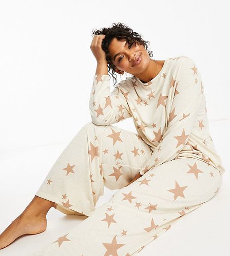 ASOS DESIGN Curve - Pyjama ultra doux avec pantalon et top à manches longues et imprimé étoiles - Crème - Asos Curve - Modalova