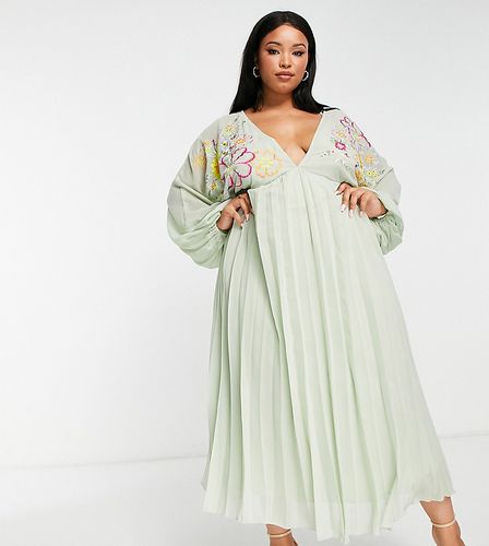 ASOS DESIGN Curve - Robe babydoll mi-longue plissée à broderies et devant en V - pastel - Asos Curve - Modalova