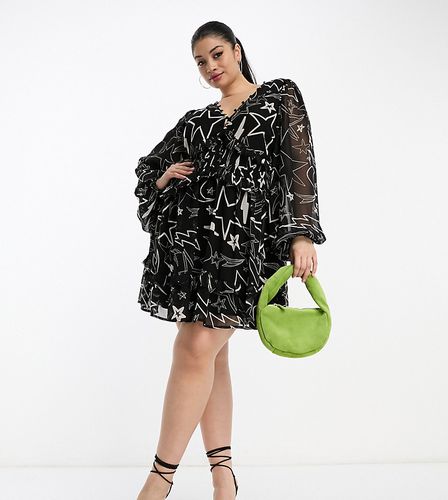 ASOS DESIGN Curve - Robe courte boutonnée effet plissé à imprimé étoiles - Noir - Asos Curve - Modalova