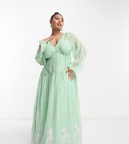 ASOS DESIGN Curve - Robe longue à dos ouvert et col V avec bordures travaillées et broderies - Asos Curve - Modalova