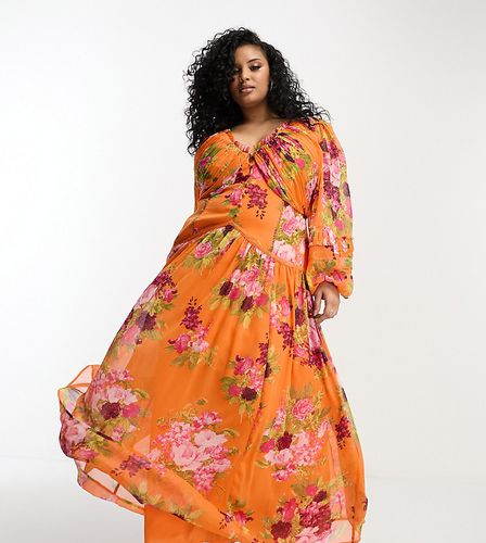 ASOS DESIGN Curve - Robe longue boutonnée à nervures avec empiècements en dentelle et imprimé à fleurs - Orange - Asos Curve - Modalova