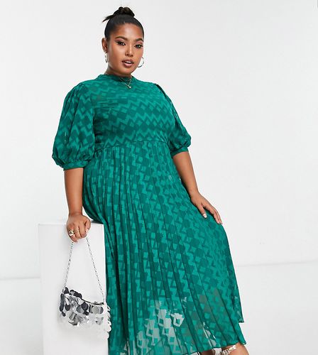 ASOS DESIGN Curve - Robe mi-longue plissée col montant à manches bouffantes et chevrons en tissu façonné - forêt - Asos Curve - Modalova