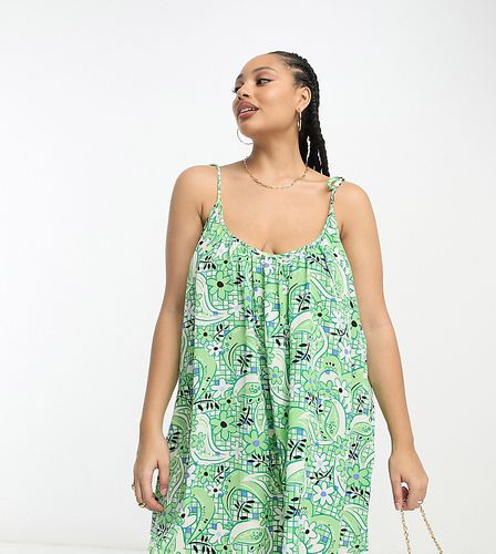 ASOS DESIGN Curve - Robe nuisette courte coupe trapèze avec bretelles à nouer et imprimé mosaïque - Vert - Asos Curve - Modalova