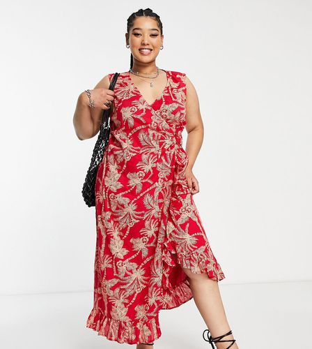 ASOS DESIGN Curve - Robe portefeuille mi-longue effet froissé avec boucle et imprimé palmiers - Rouge - Asos Curve - Modalova